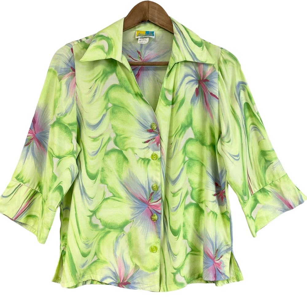 VTG Sea Suns Blouse Top Womens‎ Small Tropical Floral Cottagecore Boho Bratz USA
